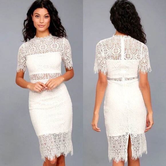 Lulus Remarkable White Short Sleeve Lace Dress Sheer Detail Size Small NEW - Picture 7 of 15